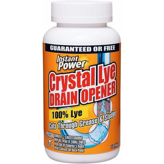Crystal Lye Drain Opener, Lye Sodium Hydroxide, Unclogs Bathroom and Kitchen Sinks, Drains, Shower Pipes 1 Lb