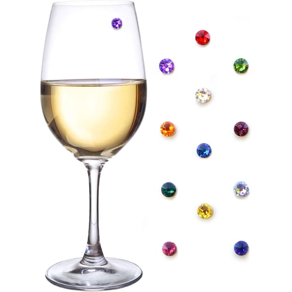 Crystal Magnetic Wine Glass Charms Set of 12 Glass Markers that Work on Stemless Glasses - Gift/Storage Box Included
