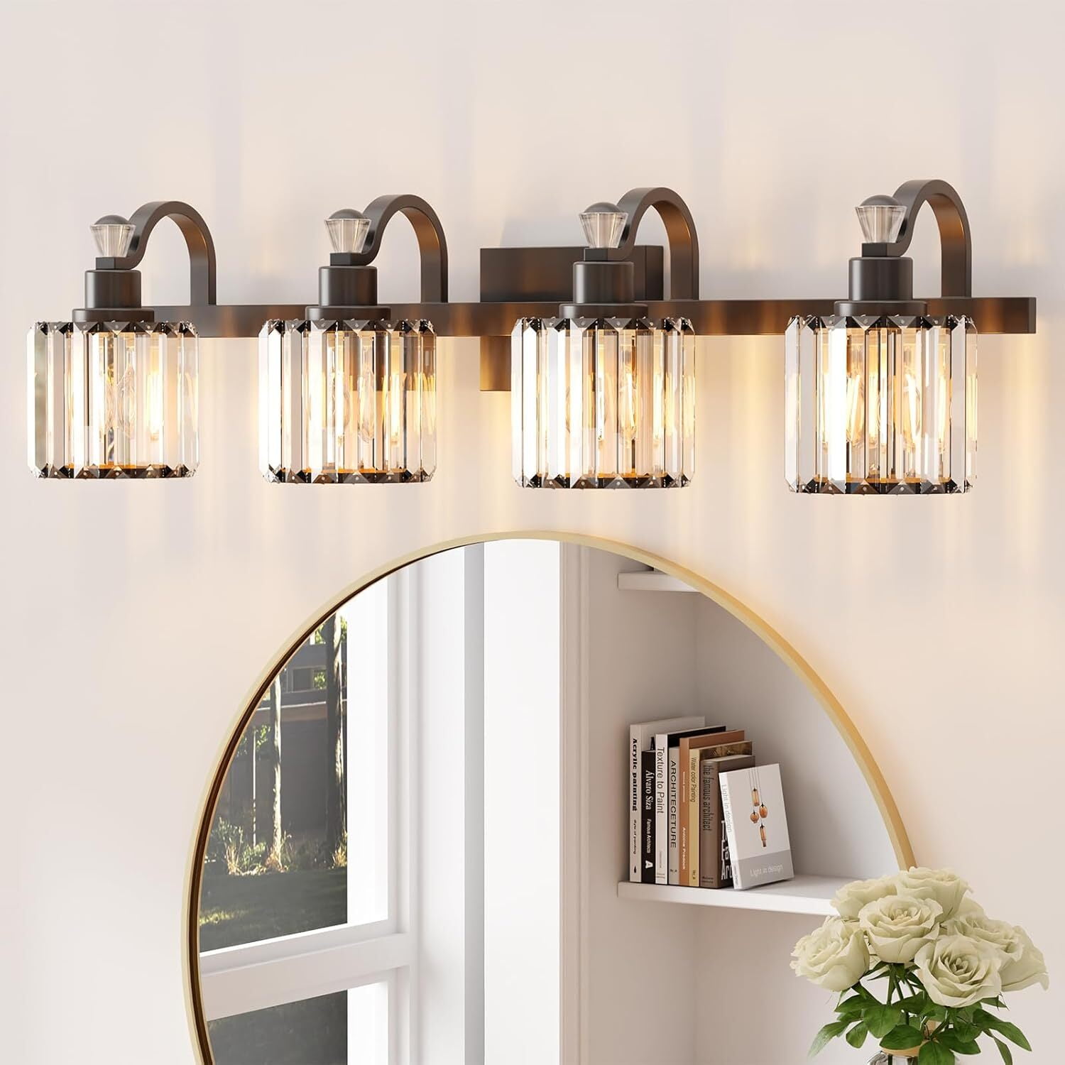 Crystal Matte Black Bathroom Vanity Light 4 Light Modern Bathroom ...