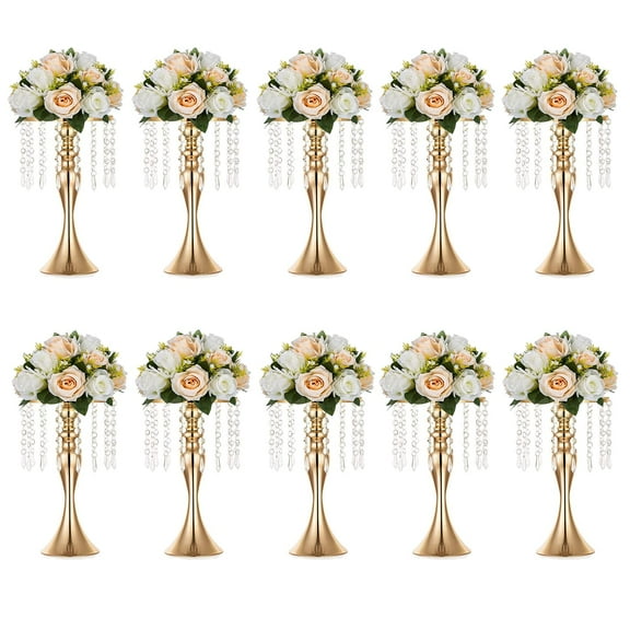 Nuptio 13.8in/35cm Tall Crystal Gold Metal Vase Flower Stand Holder Table Centerpiece Decor, Elegant Flower Centerpiece Wedding Anniversary Ceremony Party Hotel Decor Bulk 10pcs