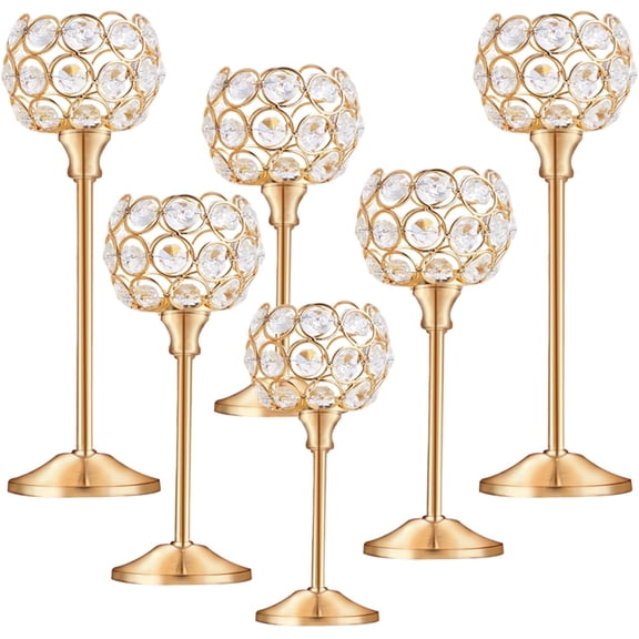 Crystal Metal Tealight Candlestick, Bling Bowl Candelabras, Tall Crystal Candle Holders Elegant Candle Centerpiece for Dining Table Wedding Home Mantel Decor(Golden, 2 Sets(6 Pcs))