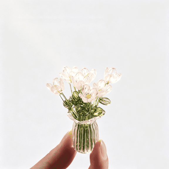 Crystal Miniature Glass Flower Decor - Handmade Month Glass Birth Flower Bouquet in Mini Vase for Women, Mom, Wedding Gift, Centerpiece, Office & Home Table Decor