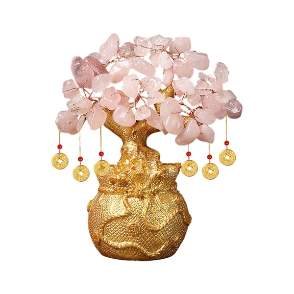 Crystal Money Tree, Pink Feng Shui Ornament for Wealth Attraction, Gemstone Decorative Home Office Desk Decoration, 6-Inch Tall with Rose Quartz Crystals