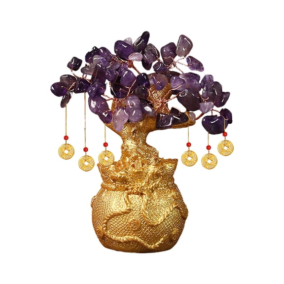 Crystal Money Tree, Purple Feng Shui Ornament for Wealth Attraction, Gemstone Home Decor, Desk or Altar Display, 6.3 Inch