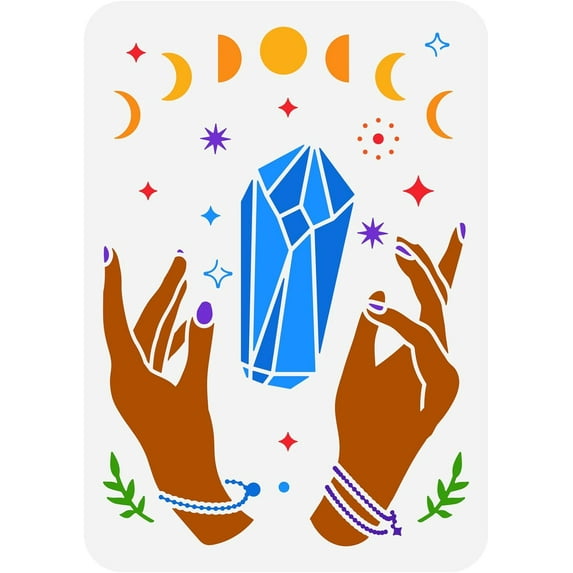 Crystal Moon Hand Painting Stencil 8.3x11.7inch Plastic Moon Phase Drawing Template Reusable Diamond Star Decor Stencil for Painting on Canvas Scrapbook Fabric Furniture Wood