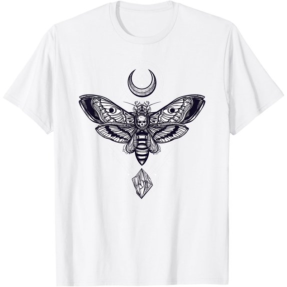 Crystal Moon and Moth Mystic Pagan Skeleton Unisex T-Shirt for Men Women Kids Toddler,White Color,Size YM