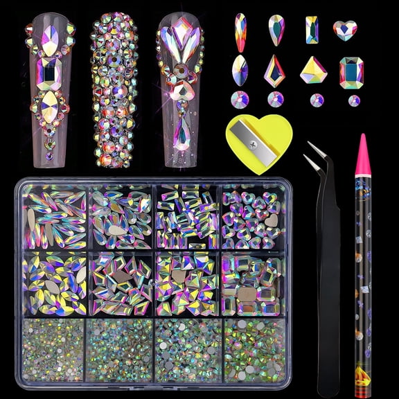 Crystal Nail Gems Rhinestones, 12 Grids Mix of Heart & Flat Back Shapes, 3D Jewelry for Cartoon & Diamond Decoration, Nail Art