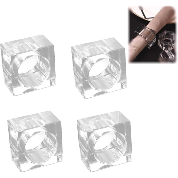 Crystal Napkin Rings Set: Clear Napkin Rings Set of 4, Elegant Napkin Ring Holder Decor for Christmas, Thanksgiving, Wedding (Square)