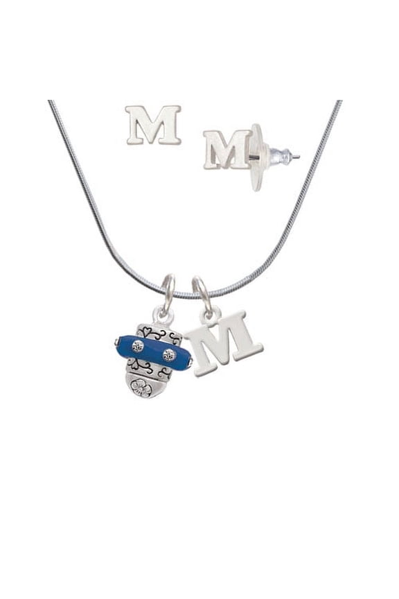 Crystal Navy Blue Spinner - M Initial Charm Necklace and Stud Earrings Jewelry Set