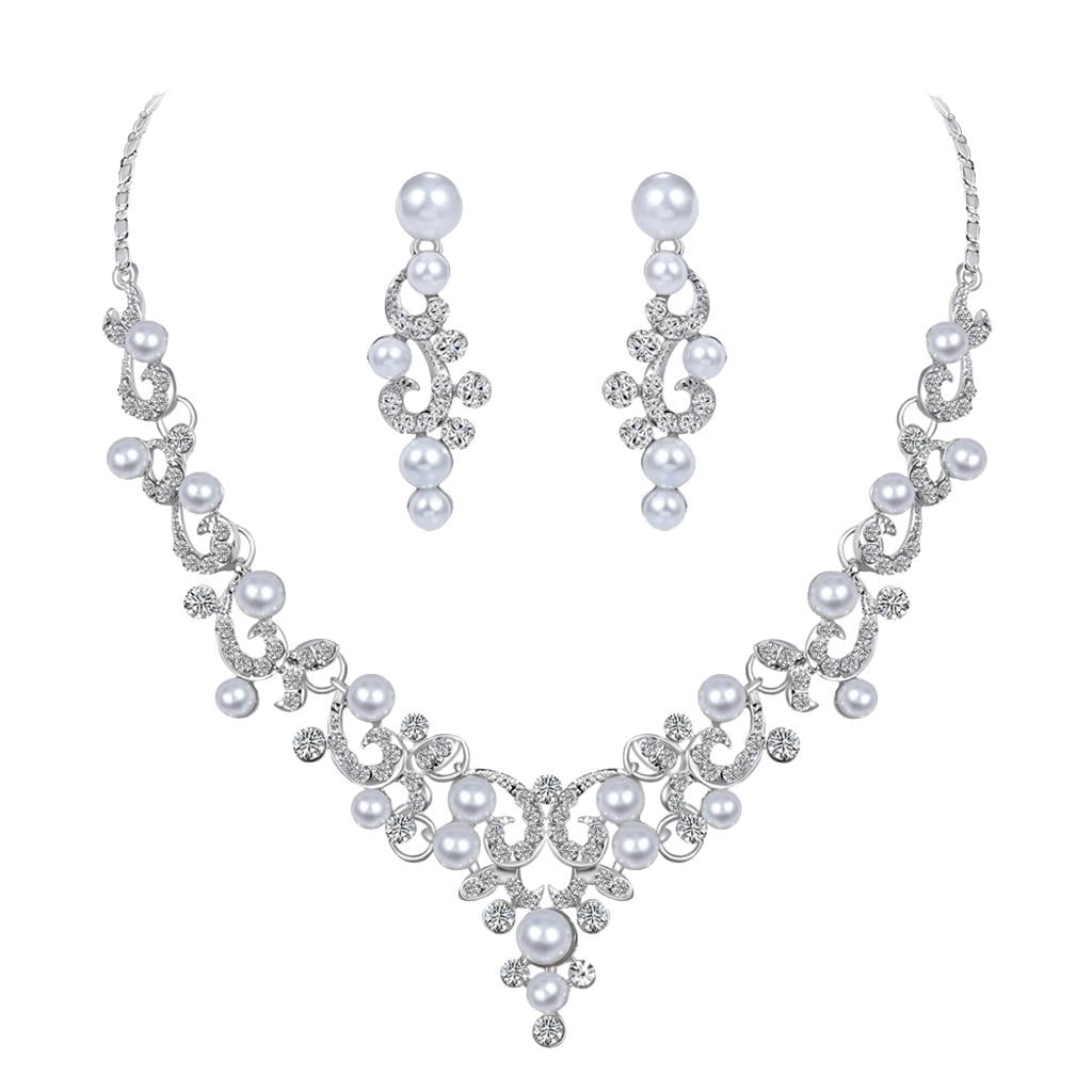 SHARPLACE Crystal Necklace And Earrings Pearl Jewelry Set Bridal Jewelry Set for Wedding, Engagement, Prom