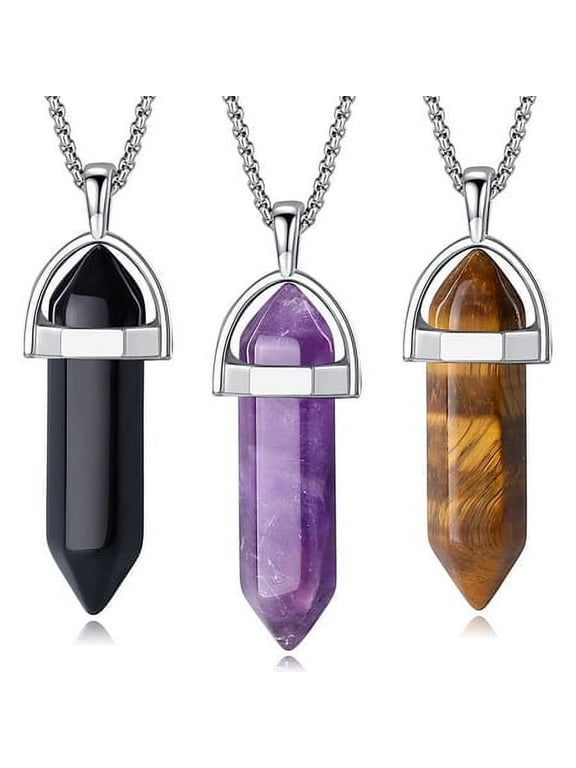 Crystal Necklace Healing Amethyst Black Obsidian Hexagonal Gemstone Pendant Necklace Spiritual Natural Reiki Quartz Tiger Eye Stone Point Jewelry