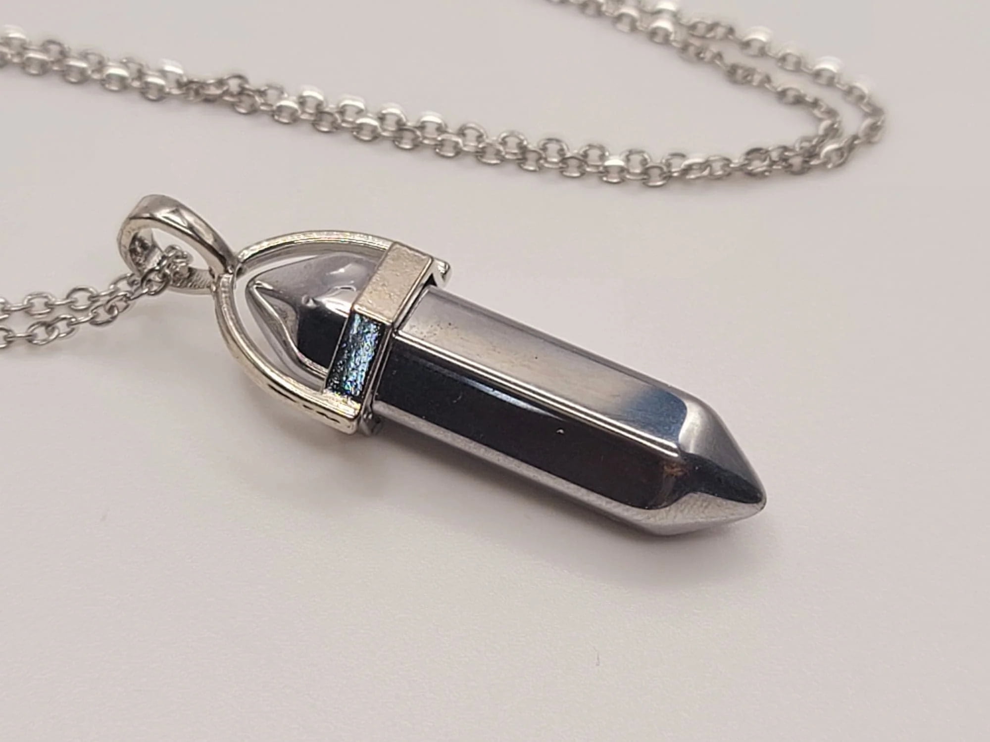 Crystal Necklace Hematite Healing Crystal Point Necklace Silver Tone