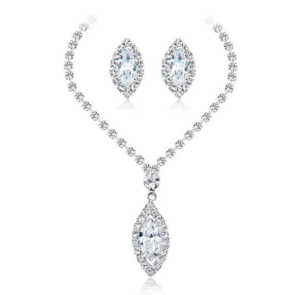 Crystal Necklace and Stud Earrings Set, Silver Color Marquise Cubic Zirconia Diamond Wedding Bridal Set for Women Bridesmaid Jewelry CA533