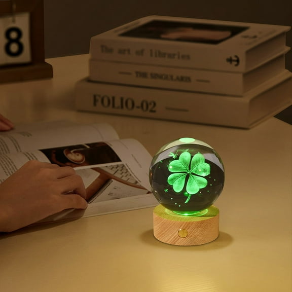 Crystal Night Light with Luminous Base Carved Wood Charging Base for Home Desk Decor as Holiday Gift Unique Decor(B)
