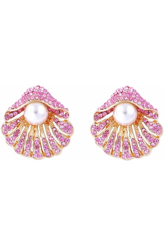 Crystal Ocean Seashell Stud Earrings for Women Gold Plated Elegant Rhinestone Shell Pearl Scallop Conch Studs Earring Marine Life Y2K Holiday Birthday Party Dress Accessories Jewelry