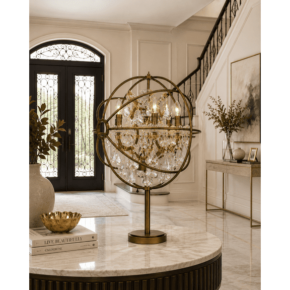Crystal Orb Table Lamp, 34" Modern Luxury Bedside Accent Lamp, French Gold Finish, Premium Clear Crystals, 6 x E12 Bulbs