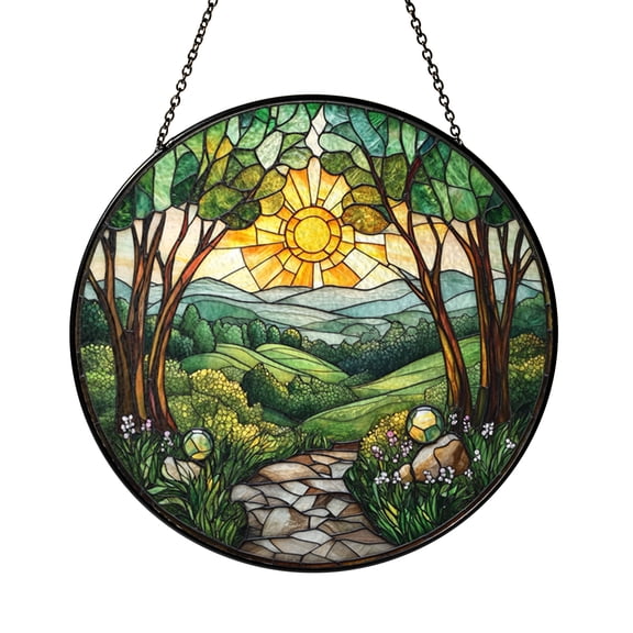 Crystal Orbs in Enchanted Forest Artwork Stained Glass Style Window Suncatcher Decor, Whimsical Home Gift