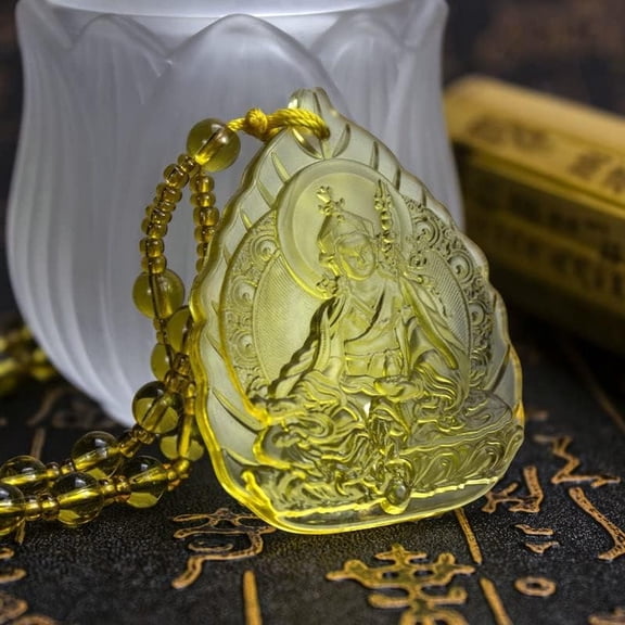 Crystal Orgone Godness Glazed Amulet,White Tara Manjushri Buddha Crystal Pendant Buddha Amulet Gemstones Necklace(Master Lotus,Chain 65cm)