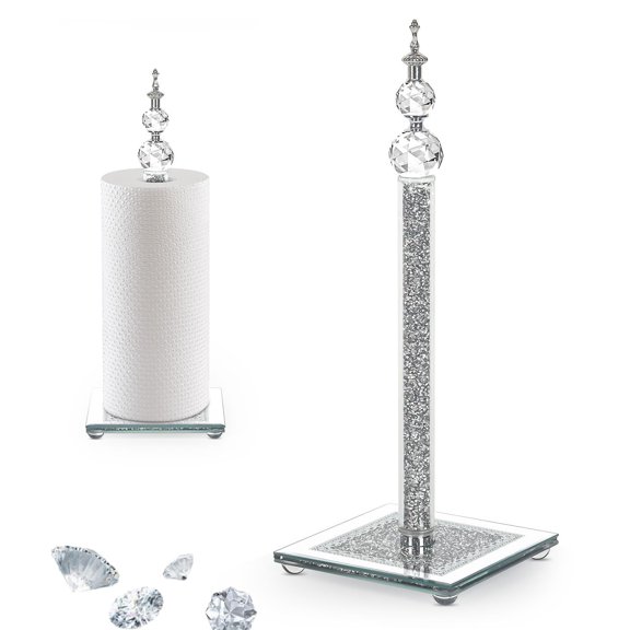 Crystal Paper Towel Holder Bling Roll Decor Standing With Weighted Base Dispenser For Kitchen Countertops Bathroom Anti Slip(square/silver)