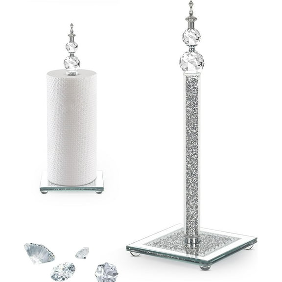Crystal Paper Towel Holder, Bling Silver Paper Towel Roll Holder, Decorative Standing Paper Towel Holder for Kitchen Countertops Bathroom, Paper Towel Dispenser with Weighted Base (Square/Silver)