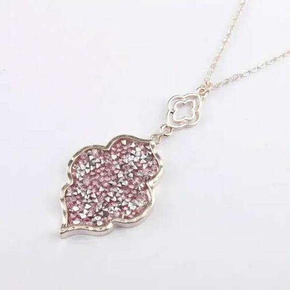 Crystal Pave Moroccan Pendant Long Necklace Quatrefoil Floral Women Jewelry Gift