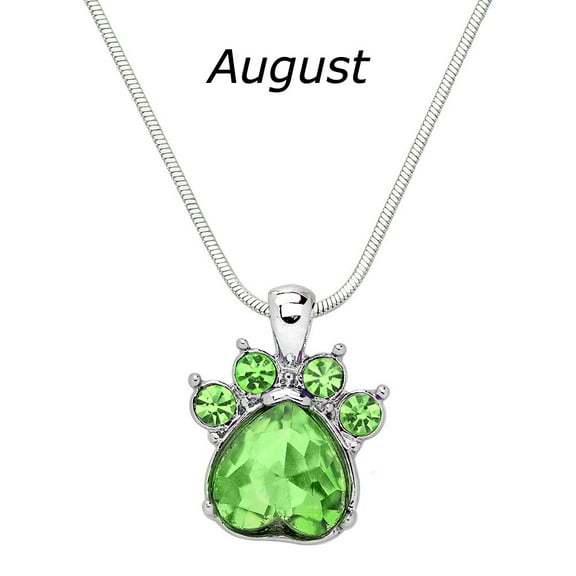 Crystal Paw Birthstone Pendant Necklace Rhinestone Crystal Rhodium Plated 17 Inch Snake Chain J1017-August