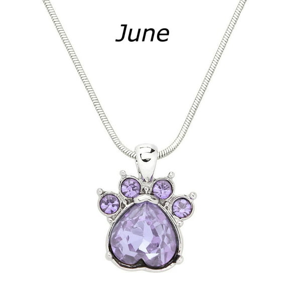Crystal Paw Birthstone Pendant Necklace Rhinestone Crystal Rhodium Plated 17 Inch Snake Chain J1017-June