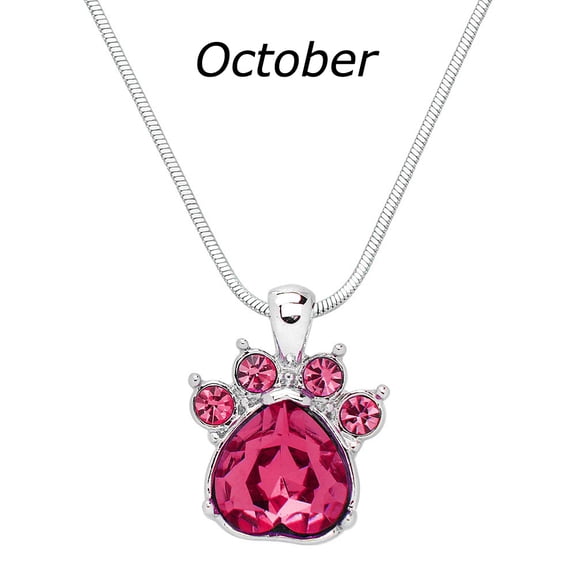 Crystal Paw Birthstone Pendant Necklace Rhinestone Crystal Rhodium Plated 17 Inch Snake Chain J1017-October