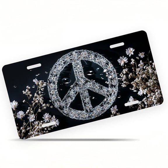 Crystal Peace Sign with Flowers Front License Plate, Metal License Plate, Funny Standard Plates Personalized Novelty Decorative For Men/Women/Boys/Girls Car 6×12 Inch