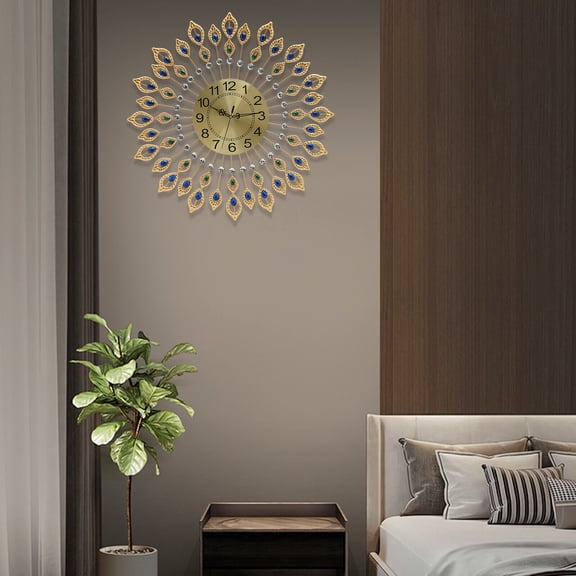 Crystal Peacock Wall Clock 26.4in Gold Silent Non-Ticking Metal Large