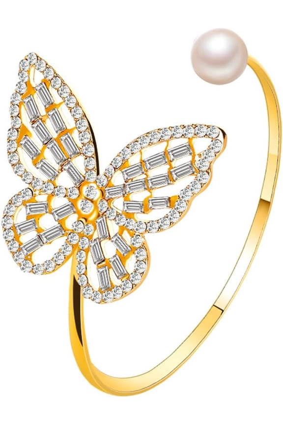 Crystal Pearl Butterfly Open Bracelets,Charming Plated Gold Hollow Butterfly Bangles,Aesthetic Adjustable Rhinestone Pearl Insect Bracelets for Women