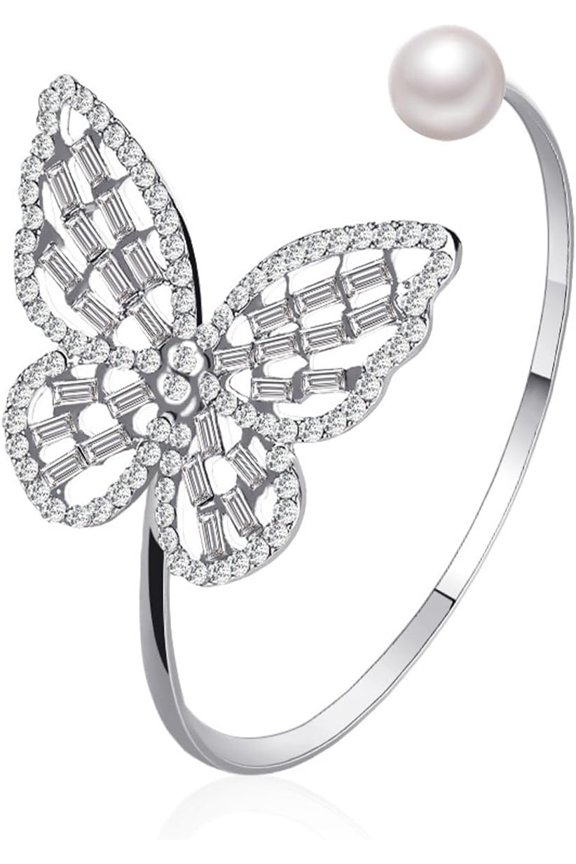 Crystal Pearl Butterfly Open Bracelets,Charming Plated Gold Hollow Butterfly Bangles,Aesthetic Adjustable Rhinestone Pearl Insect Bracelets for Women