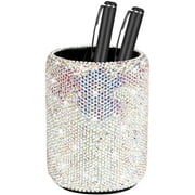 Crystal Pencil Pen Pot Holder Box Bling Rhinestone Pen Organizer Holder Cosmetic Pen Container Comb Brushes Personalized (Round) (AB Color)
