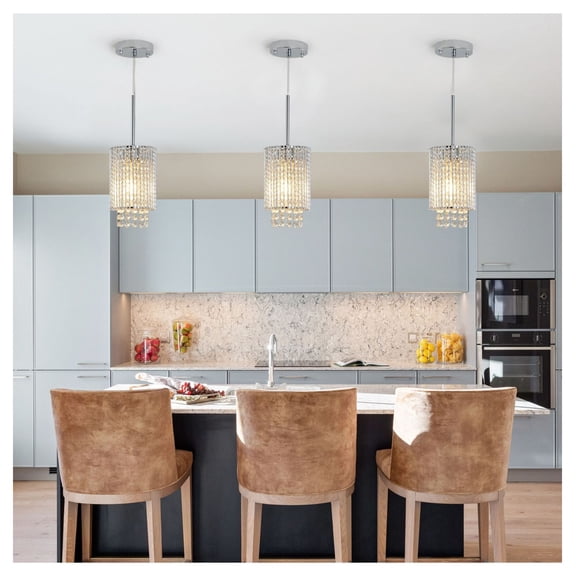 Crystal Pendant Light 3-Pack, 5" Adjustable Chrome Ceiling Lights - Dining Room, Kitchen Island & Living Room Fixtures (No Bulb)