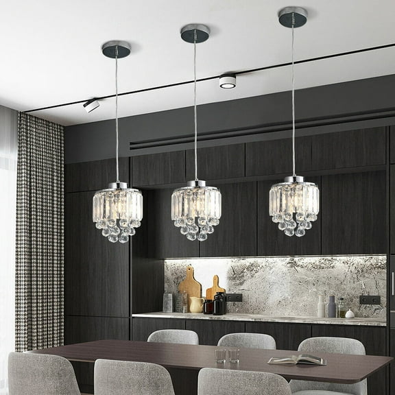 Crystal Pendant Light,Modern Kitchen Island Lighting,Polished Decorative Crystal Pendant Light for Kitchen Island,Adjustable Chrome Pendant Light for Kitchen Dining Room Bedroom (Set of 3)