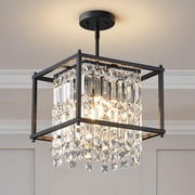 Crystal Pendant Light Modern Square Adjustable Height Chandelier Black Pendant Light Fixture for Foyer Entryway Kitchen Island Living Room