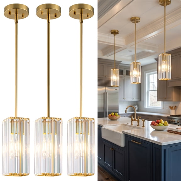 Crystal Pendant Lights Kitchen Island, Modern Brushed Gold Adjustable Small Hanging Lighting Fixture, with Flat or Sloped Ceiling Mount for Island Dining Room Kitchen Sink 3-Pack