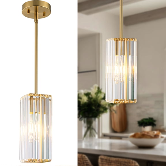 Crystal Pendant Lights Kitchen Island, Modern Brushed Gold Adjustable Small Hanging Lighting Fixture, with Flat or Sloped Ceiling Mount for Island Dining Room Kitchen Sink 1-Pack
