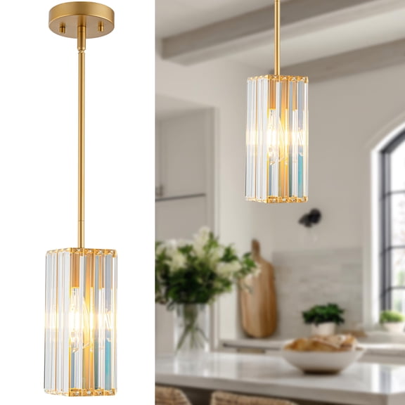 Crystal Pendant Lights Kitchen Island, Modern Gold Adjustable Small Hanging Lighting Fixture, with Flat or Sloped Ceiling Mount for Island Dining Room Kitchen Sink 1-Pack