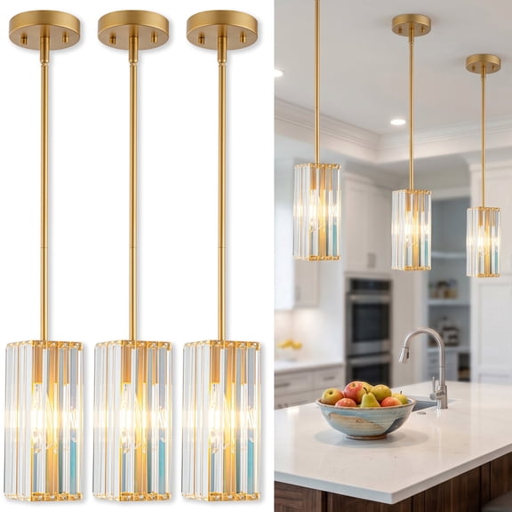 Crystal Pendant Lights Kitchen Island, Modern Gold Adjustable Small Hanging Lighting Fixture, with Flat or Sloped Ceiling Mount for Island Dining Room Kitchen Sink 3-Pack