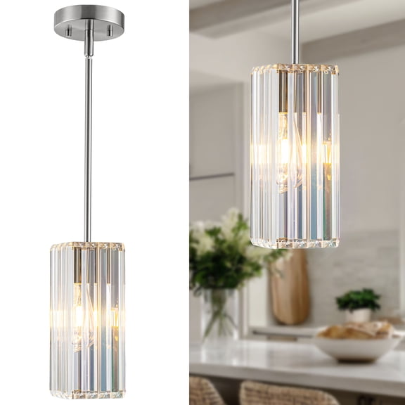 Crystal Pendant Lights Kitchen Island, Modern Nickel Sand Adjustable Small Hanging Lighting Fixture, with Flat or Sloped Ceiling Mount for Island Dining Room Kitchen Sink 1-Pack