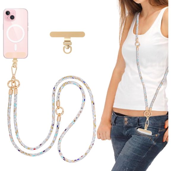 Crystal Phone Strap Crossbody Rhinestone Anti Theft Layered Gold Metal Buckles Cell Neck for Women (Colour)