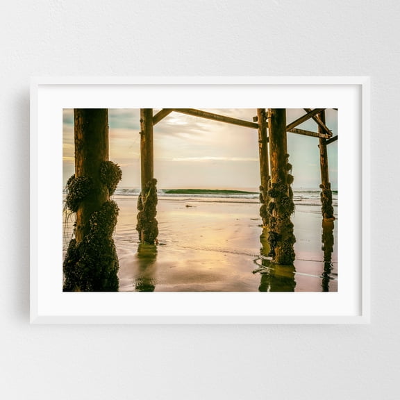 Crystal Pier Frames - Photography Beach Coastal Ocean Seascape Sunset Boardwalk Nautical White Framed Wall Art Print 24 x 36 inches