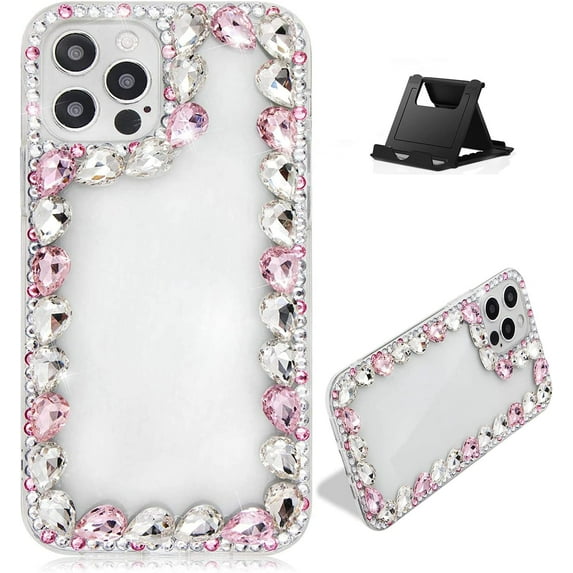 Crystal Pink Case Compatiable with iPhone 15 Pro 6.1",Bling Glitter Diamond Case Stylish for Woman Girls,Sparkle 3D Handmade Rhinestone with Soft Bumper Back Protective Cover Shell