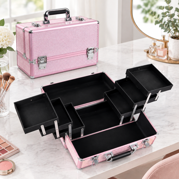 Crystal Pink - XL Large Makeup Case Organizer Portable Travel Storage with 6 Trays Dividers