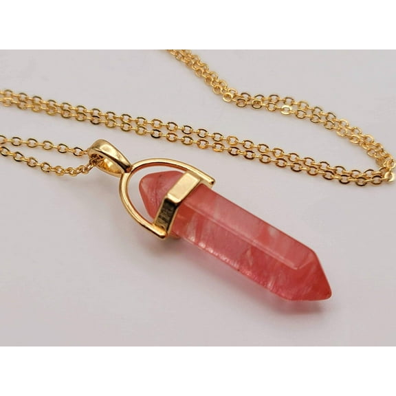 Crystal Point Necklace Gold Tone Strawberry Quartz Pendant Necklace