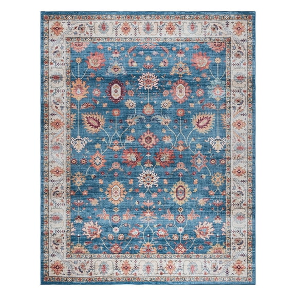 Crystal Print Cullen Traditional Oriental Blue/Tan Washable Indoor Area Rug, 9x13