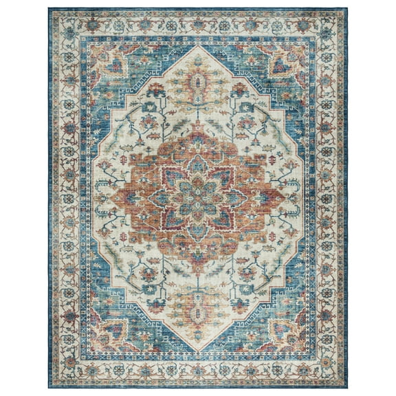 Crystal Print Soha Traditional Moroccan Blue Washable Indoor Area Rug, 8x10