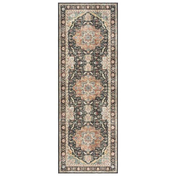 Crystal Print Tiefi Traditional Oriental Black/Beige Non-Slip Washable Indoor Area Rug, 2x6 Runner