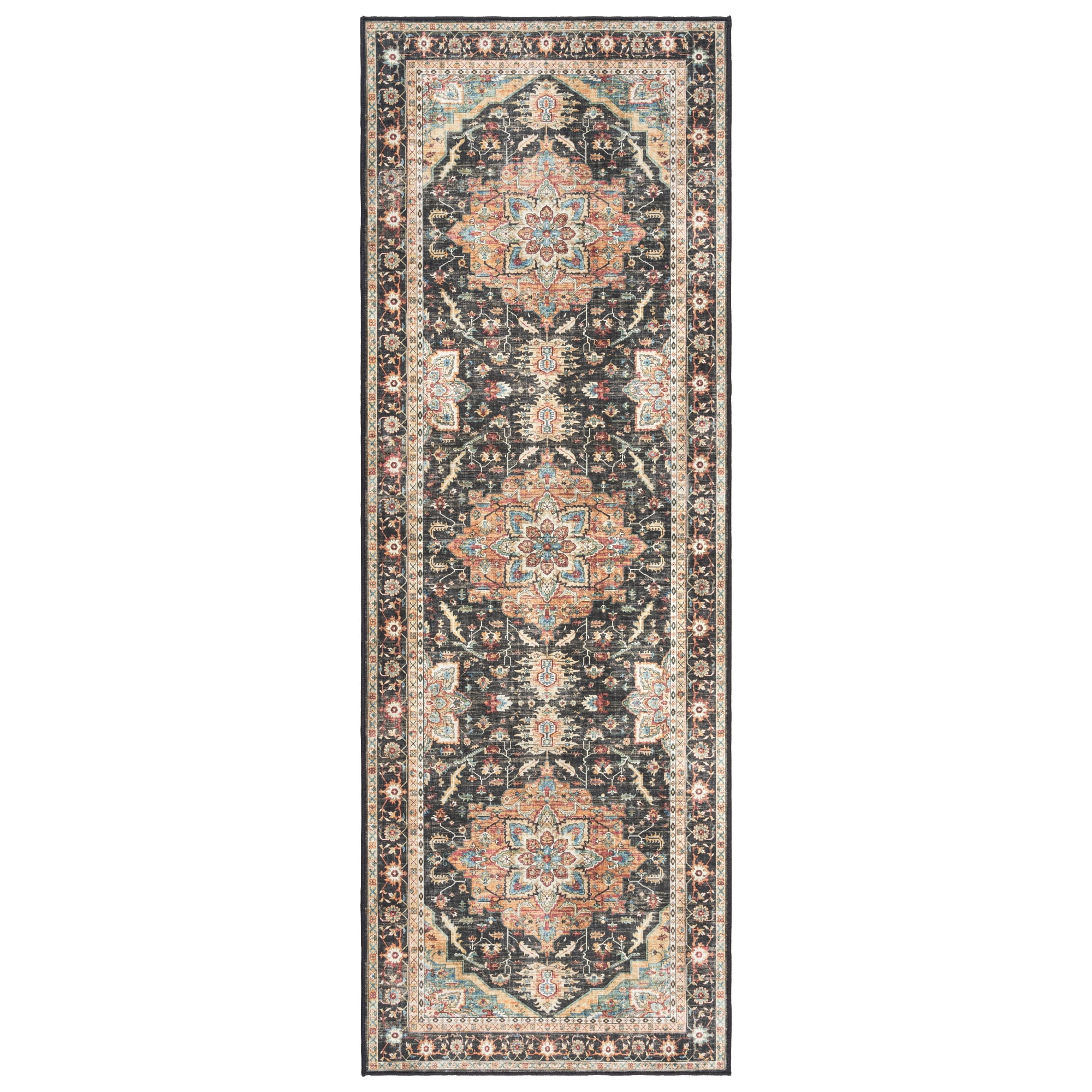 Soha Black and Beige Synthetic Oriental Runner Rug